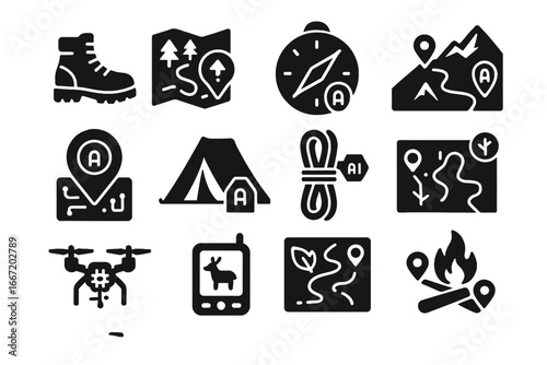 Mountain digital climbing icon trail ai route vector collection hiking boots tent
