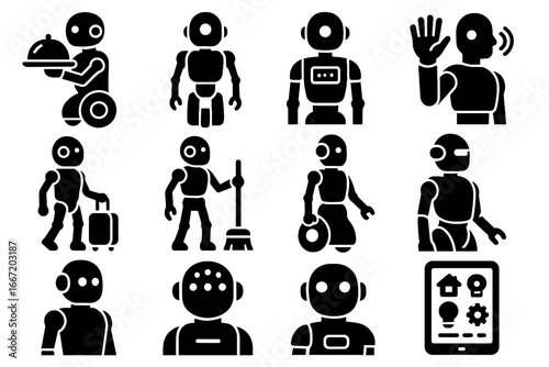Interface cleaning icon home tray butler humanoid luggage vector wheel frame smart