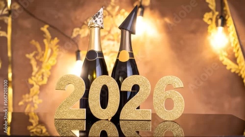 Anticipating 2026: Sparkling gold numbers and champagne bottles celebrate the upcoming new year in