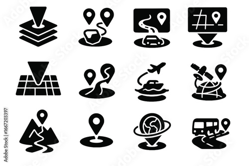 Icons vector digital route layered satellite augmented pins paper futuristic navigation icon