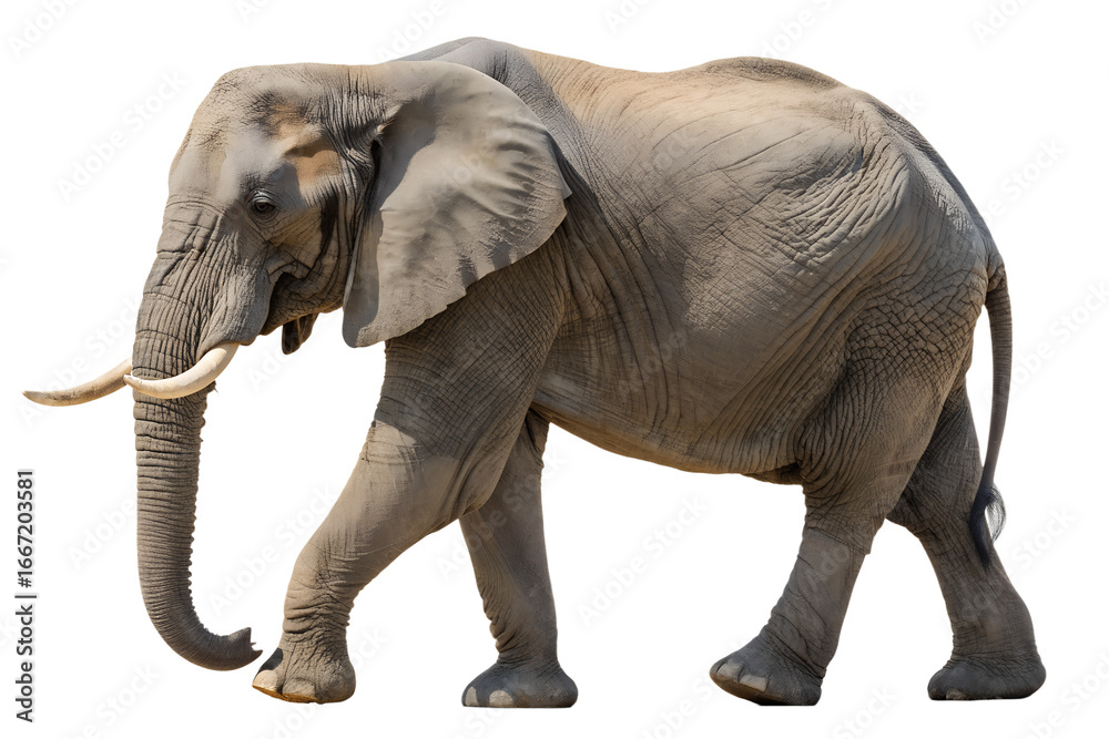 Fototapeta premium Majestic Elephant Walking A Symbol of Strength and Wilderness on White Background