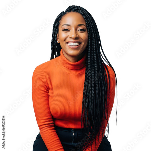Smiling young woman with braids wearing an orange turtleneck sweater transparent background