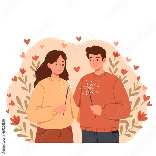 Couple holding sparklers and smiling surrounded by hearts and flowers  