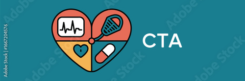 A heart shaped icon containing medical symbols next to the word cta on a teal colored background image