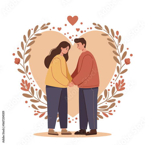 Couple holding hands in heart-shaped floral background  