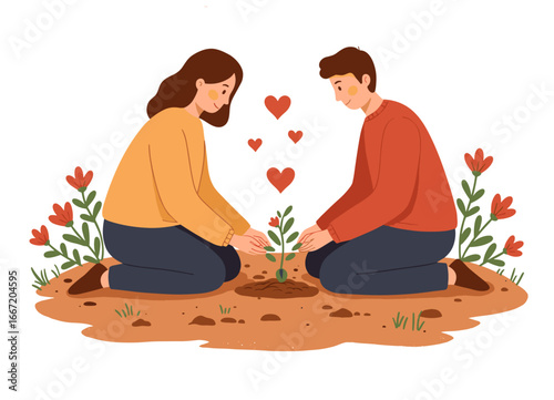 Couple planting a seedling together in garden with flowers around  
