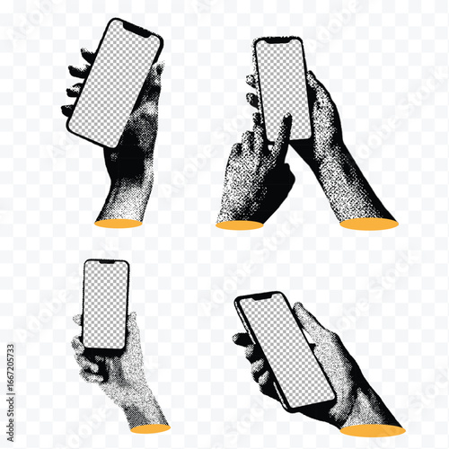  hands with a phonecollection in retro stipple effcet halftone style.backgorund tranparent. phone srcreen tranparent 