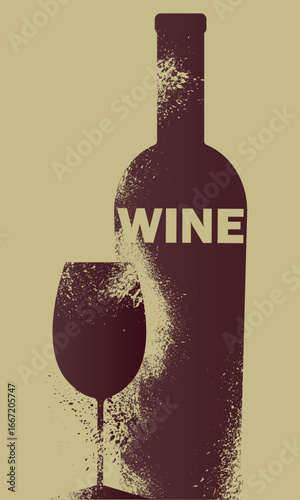 Wine bar poster, flat illustration wine bottle, glass, grunge abrasive texture, outline image. Restaurant banner, alcohol shop decor, festival, drink party, booze, red wine, chardonnay
