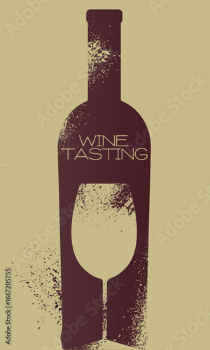 Vector flat illustration, grunge style texture, splashes, outline image of a bottle of wine, a glass. Poster for bar, restaurant, signboard, drink party, red wine, white, chardonnay, cabernet