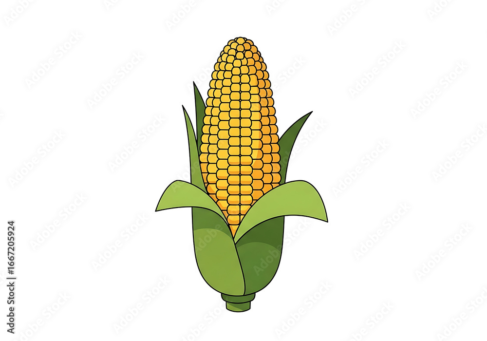 Obraz premium Simple illustration of a corn cob with vibrant yellow kernels and green leaves against a stark black backdrop.