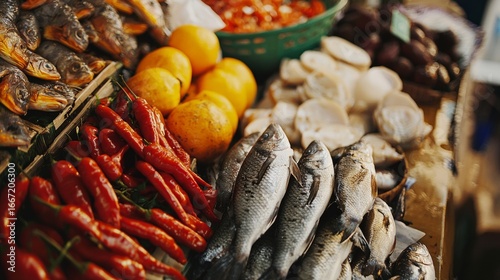 Fresh seafood like fish, shrimp and peppers at colorful market stall for culinary ingredients and food vendor photography