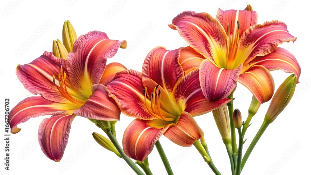 Obraz premium Elegant Studio Shot of Daylily Flowers with White Background and Vibrant Colors