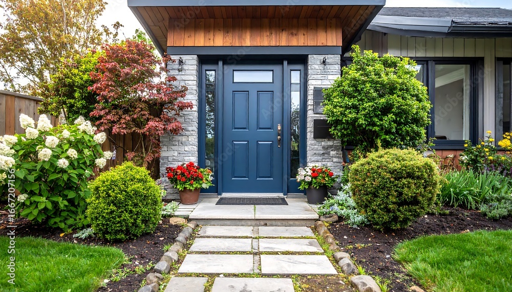 Obraz premium Charming Blue Front Door Entrance with Lush Landscaping.