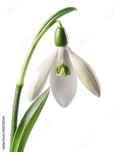 Elegant close up photograph of a delicate, white Snowdrop flower blossom