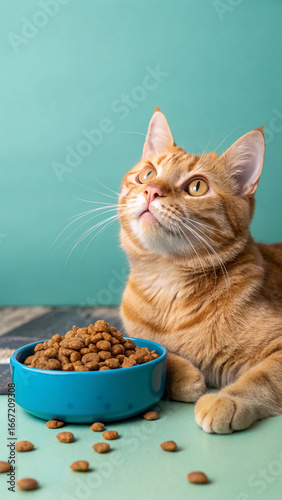Orange tabby cat beside blue bowl of kibble feline