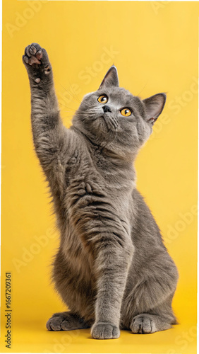 Gray cat raising paw on yellow sitting