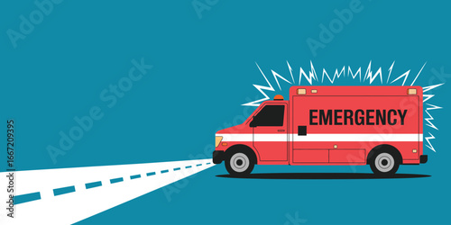 A red emergency vehicle with flashing lights on a road against a blue background illustration style