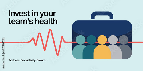 Invest in team health graphic showing briefcase and people with heartbeat line illustration design