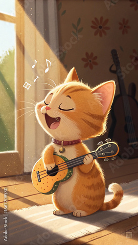 Orange kitten plays ukulele and sings singing music