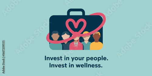 A briefcase with diverse people inside and a heart shaped ribbon around it on a light blue background