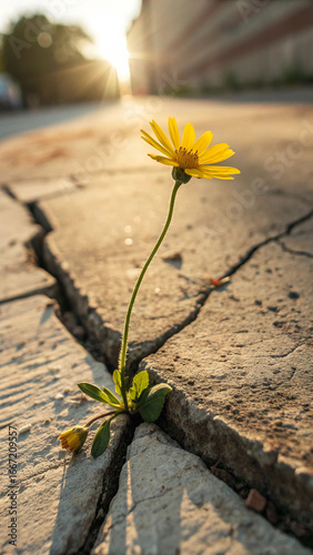 Yellow daisy growing through concrete flower crack