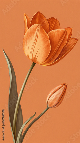 Orange tulip bloom and bud flower