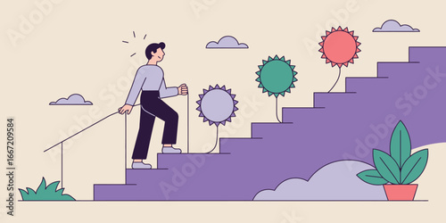 A man climbing stairs with flowers, clouds, and a potted plant in a cartoon style illustration art