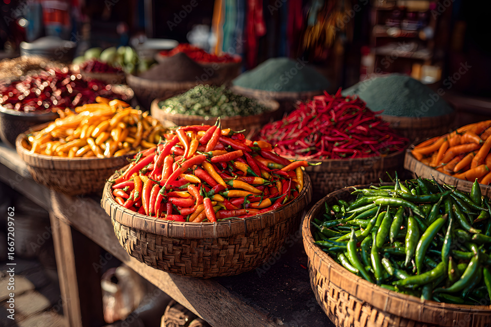 Fototapeta premium Colorful display of fresh chili peppers in a bustlin market in Mexico capturin vibrant local culture andflavors