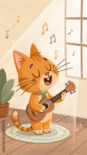 Orange kitten plays ukulele and sings singing music