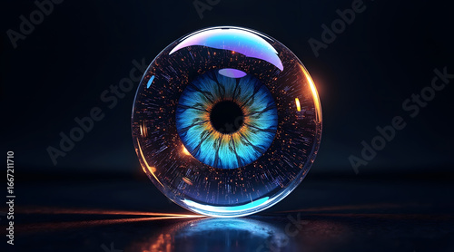 Glowing transparent glass eye with vibrant blue and orange iris details, set against dark background creating futuristic and mysterious mood