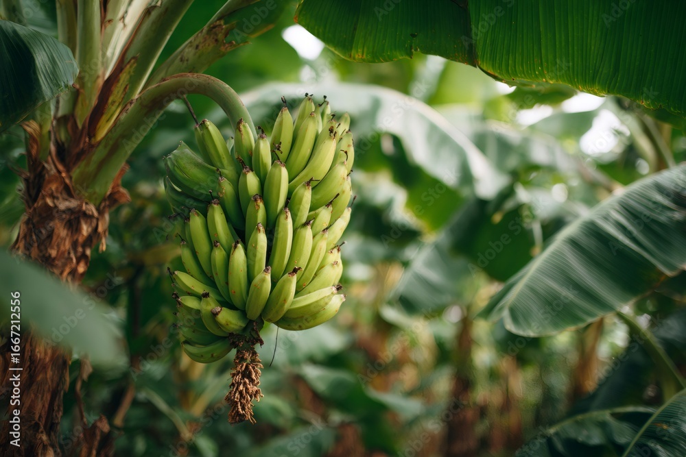 Obraz premium Bunch of green bananas growing on banana tree in plantation
