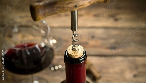 Opening a Bottle of Red Wine with a Corkscrew on a Wooden Surface