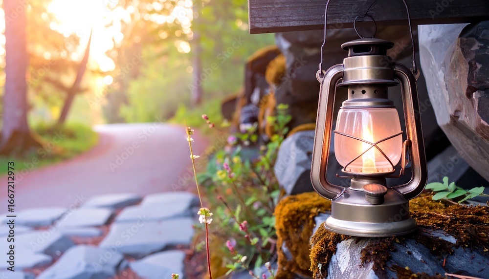 Fototapeta premium Vintage lantern illuminating a path in a sunlit forest landscape