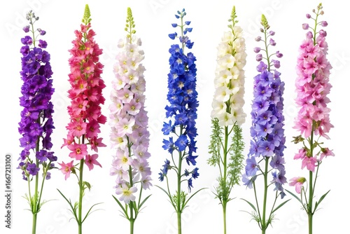 Colorful Delphinium Flowers in a Row Against a White Background