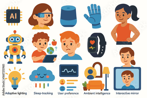 Smart home, technology flat icon set. ai, automation, gadget symbols in flat style