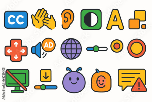 Accessibility, communication flat icon set. inclusive design and assistive icons