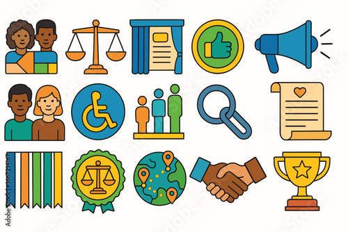 Community, accessibility flat icon set. social, interaction, award icons collection