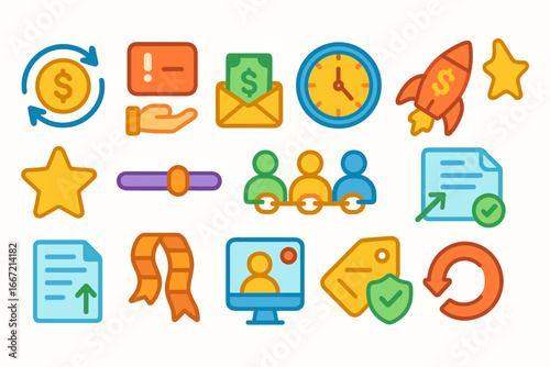 Business and finance flat icon set. colorful financial and office icons collection