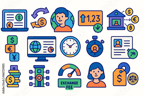 Finance and banking flat icon set. money, currency, exchange flat icons collection