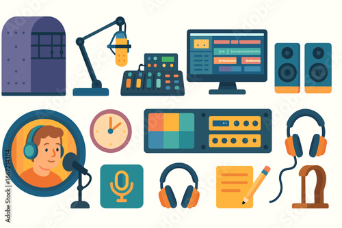 Broadcasting and podcasting flat icon set. microphones, headphones, and more