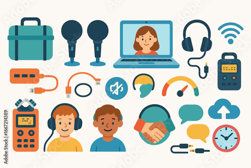 Communication and conference icon set. flat meeting, technology, audio, video icons