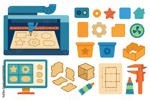 3d printer icon set. creativity, design, innovation in colorful 3d illustrations