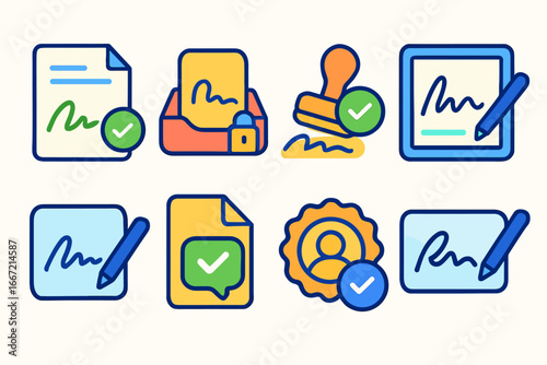 Document security flat icon set. digital signature, authentication icons collection