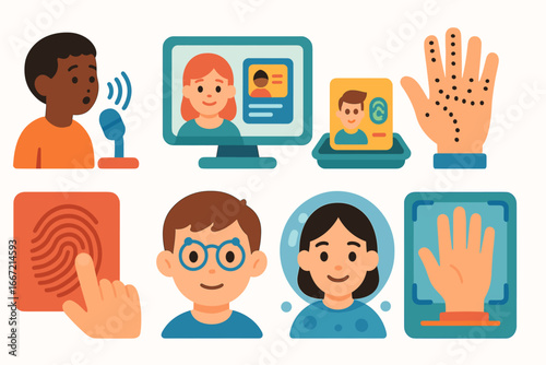 Biometric identification flat icon set. diverse security verification flat collection