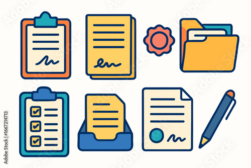 Office and documents icon set. outline style symbols of files, folders, and stationery