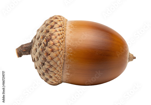 A single, richly colored acorn stands out against a black background, showcasing its intricate cap and smooth, warm tones.