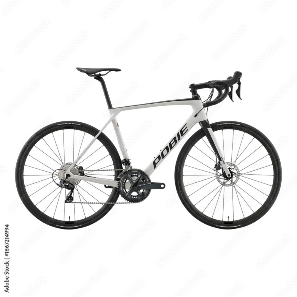Obraz premium A white and black road bicycle with drop handlebars and aerodynamic wheels on a black background created with generated ai