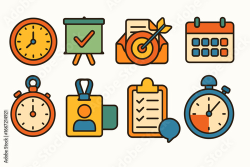 Business and office flat icon set: productivity, management, time, tasks