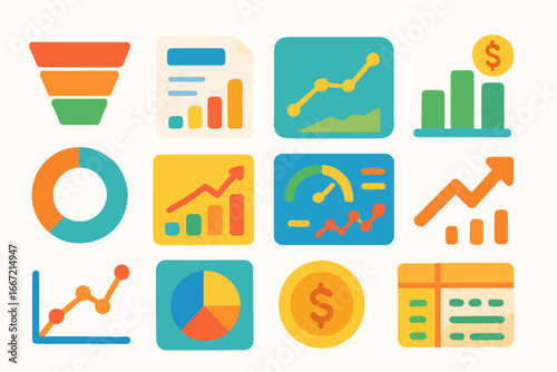 Business and finance flat icon set. data, analytics, and chart icons for marketing