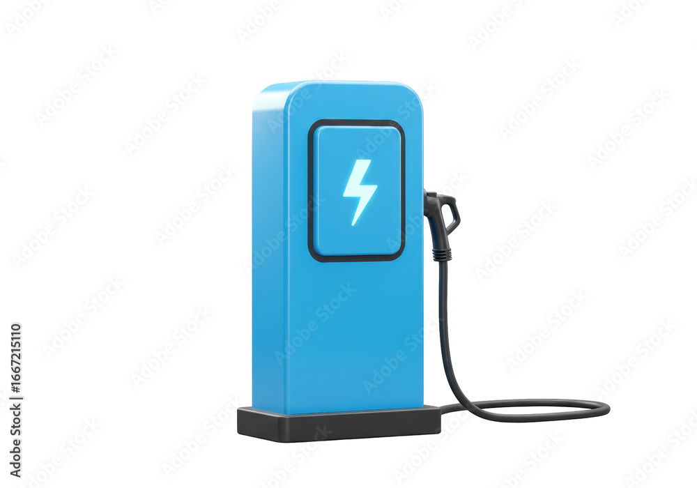 Fototapeta premium Isolated Blue Electric Vehicle Charging Station with Plug and Cable, Sustainable Energy